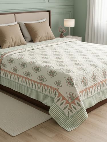Image of Firdaus 100% Cotton Reversible AC Comforter Blanket Quilt Razai | Winter Summer All Season Dohar | Skin-Friendly Bedding | Handblock Printed Gift for Home Decor | Jaipuri Single Bed Comforter