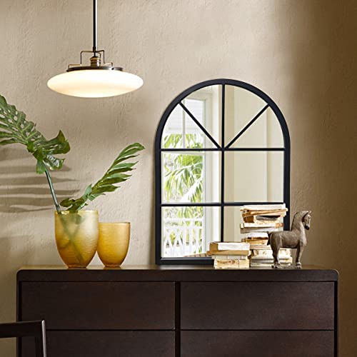 Tinytimes 20" X 28" Arched Wall Mirror, Windowpane Mirror, Vanity Mirror, Metal Framed, Arched-Top, Farmhouse Mirror, Rustic Decorative Mirror - Black #TOP3