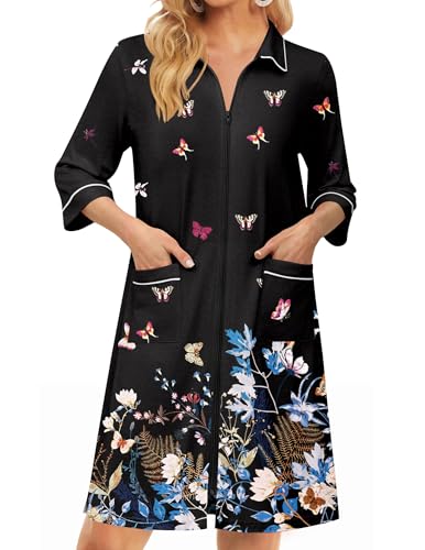 Ekouaer Zipper Robes for Women 3/4 Sleeve Housecoats Knee Length Bathrobe Lightweight Nightgown with Pockets