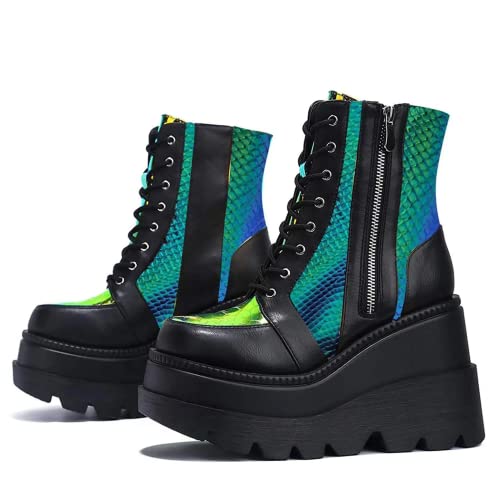 BORAMAX Platform Ankle Boots With Chunky Block Heels for Women Goth Boots Buckle Strap Wedge Motorcycle Platform Chelsea Boot