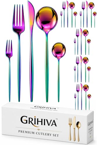 Image of 30 Pcs Rainbow Cutlery Set for Dining Table the Perfect Lightweight Silim Handle Tableware Including Dinner Spoon, Dinner Fork, Dinner Knife, Dessert Spoon & Dessert Fork