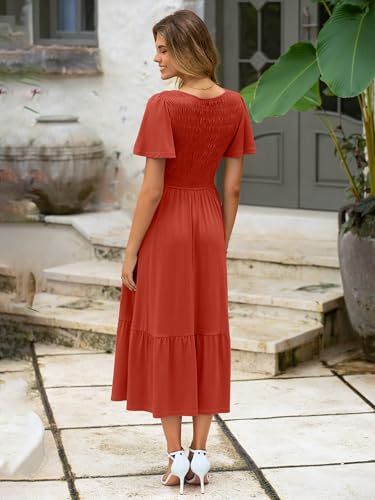 Image of Simplee Womens Summer Smocked Flowy Dress - Casual Flutter Sleeve Tiered Boho Maxi Dresses with Pockets
