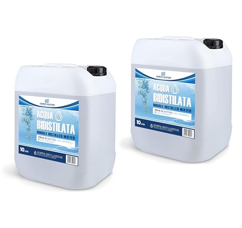 CHEMICA SOLUTIONS Agua bidestilada pura para uso industrial y clínico, 2 bidones de 10 litros (20 litros), destilada dos veces, desmineralizada, fabricada en Italia