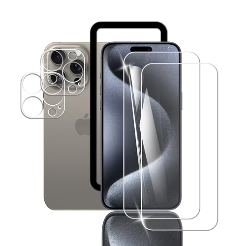 Briacicell【2+2枚セット】For iPhone 15 Pro Max 用のガラスフィルム (2枚) +15 Pro Max カメラフィルム (2枚)【日本旭硝子素材製】アイフォン 15 Pro Max 強化ガラス 保護フィルム ガイド枠付き 9