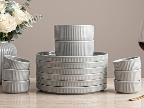 Image of Bodhi House 14-Piece Ribbed Porcelain Dinner Set for 6 | 6 Dinner Plates, 6 Katori & 2 Serving Bowls, Lightweight Microwave & Dishwasher Crockery Set for Home & Gifting, Pearl Grey