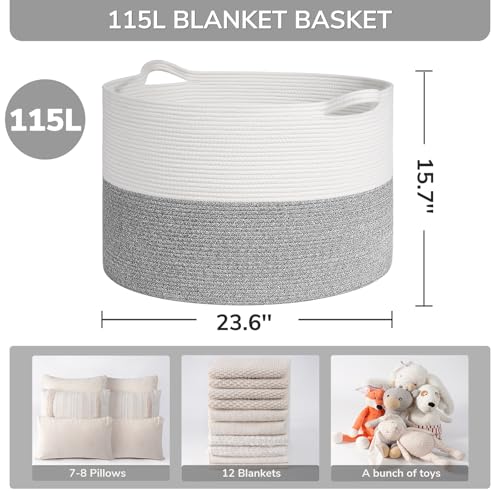 Image of INDRESSME 115L Extra Large Blanket Basket, Soft Cotton Rope Storage Basket for Organizing, Home Decor, Toys, Laundry & Towels, Toy Storage Organizer for Living Room & Nursery, Light Grey