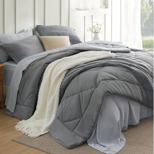 Bedsure Queen Comforter Set – 7 Pieces Reversible Grey Bedding, Queen Size Bed Set for All Seasons, Bed in a Bag with Down Alternative Comforter, Sheets, Pillowcases & Shams