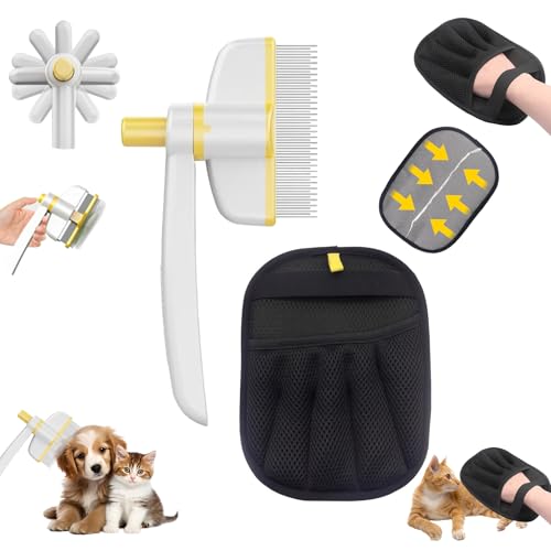 2 Pezzi Spazzola per Gatti e Guanti per Animali Domestici, Spazzola per Cani Autopulente & Guanto Elettrostatico Peli Gatto, Pet Hair Remover Glove - Riutilizzabili Lavaggio (giallo)