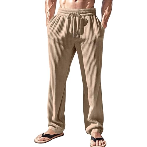 Qolkmuiy-GJ Men's Corduroy Elastic Waist Pants Straight-Legs Slack with Pockets Sports Athletic Casual Trousers (Khaki,3X-Large)