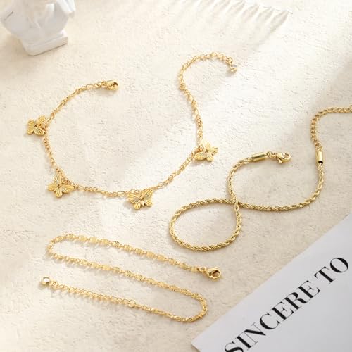 Image of Gold /Silver Anklets for Women Ankle Bracelets for Women Waterproof Beach Layered Anklet Bracelets for Women Cuban Link Anklets Set Dainty Cute Heart Butterfly Anklets Non Tarnish Jewelry Gift