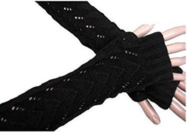 JOVANA Lady Winter Long Stretch Weave Knit Arm Warmer Fingerless Hollow Out Gloves (Black)