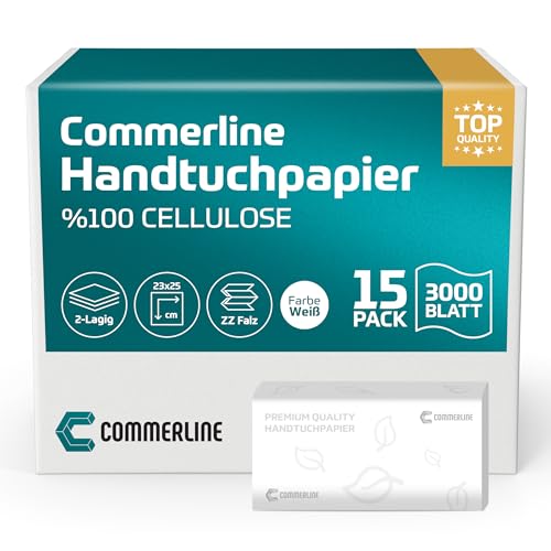 Commerline 3000 Hojas de Toallas de Papel Blanco | 25 x 23 cm | Papel de Toalla Plegable ZZ para Dispensador | 2 Capas | Toalla de Papel Desechable | Toallas Higiénicas Plegadas para Oficina y Baño