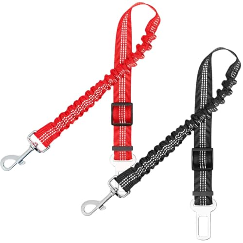 DOKRIN Confezione da 2 cinghie regolabili per cani con moschettone e cinturino elastico guinzaglio per cani e robusta imbracatura per animali domestici per auto (nero, rosso)