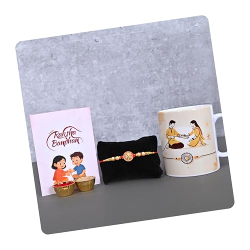 Image of Poorak Religious Assorted Rakhi Gift Set - Ganesha Rakhi with Printed Mug & Roli Chawal