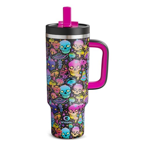 40oz Halloween Tumbler with Handle and Straw, Stainless Steel Insulated Water Bottle with Straw, Leak-Proof, Cup Holder Friendly, Keeps Cold 24 H, Gifts for Women Men, Trippy Skulls