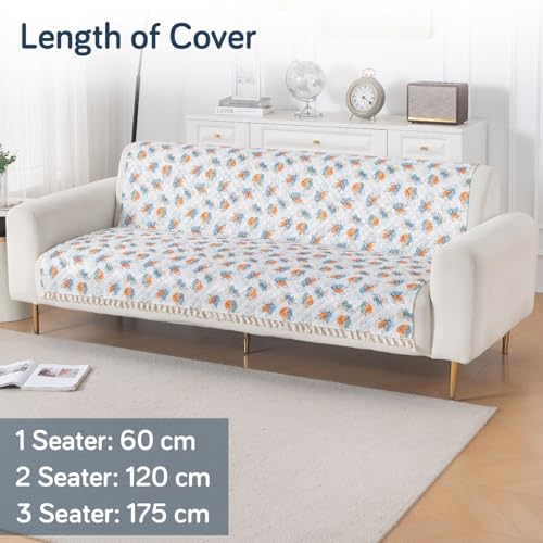 Image of HOKIPO Abstract Petals Quilted Sofa Cover for 3 Seater with Tassels for Seat & Back, 'Tassel Twigs' Series (IN-991-T10)