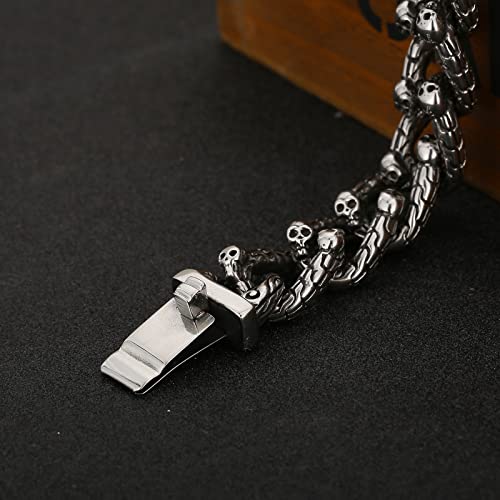 Klapgo Gothic Skull Stainless Steel Linked Chain Bracelet Punk Rock Mens Women Silver Color Bracelet Jewelry 8.66Inch #TOP4