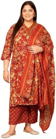 MEERA FAB Women's Cotton Blend V-Neck Plus Size Kurta Printed Kurta with Palazzo & Dupatta Set