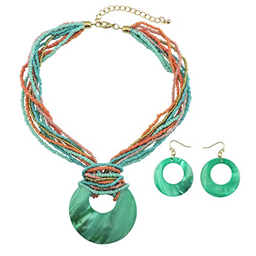 Coiris Multi Strand Statement Colorful Beaded Necklace with Big Circle Shell Pendant for Women (N0055)