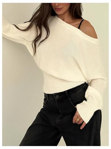 MakeMeChic Women's Long Sleeve One Shoulder Knit Top Boat Neck Lightweight Pullover Sweater4