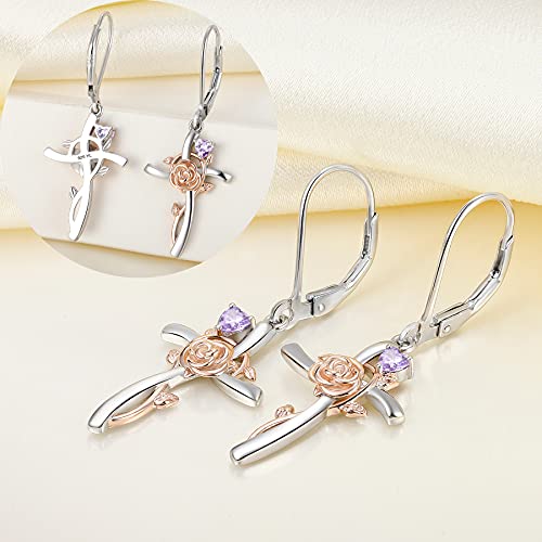 Yl Rose Cross Earrings Sterling Silver Flower Dangle Drop Earrings Created Alexandrite Religious Leverback Jewelry For Women #TOP4