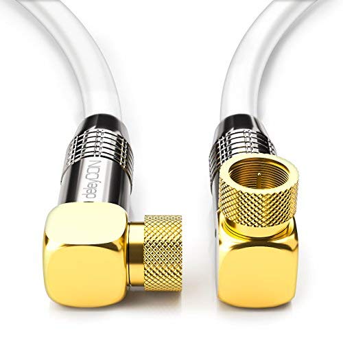 deleyCON 5m Cavo Antenna SAT HDTV Cavo Satellitare Cavo Coassiale 2x ad Angolo Connettore F (90° Gradi) al Connettore F (90° Gradi) - Connettore Metallico - Bianco