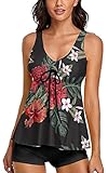 Cute Tankini Swimsuits for Women Vintage Floral Tummy Control Two Piece Bathing Suits Tank Top with...