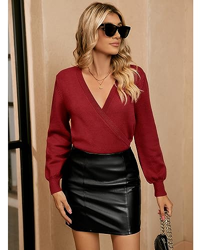 Image of LookbookStore Women's Knit Long Sleeve Faux Wrap Surplice V Neck Sweater Top