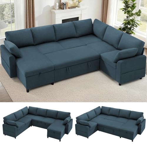 Image of 112 inch Fabric Sectional Sofa w /Pull Out Bed & Storage Chaise, Blue