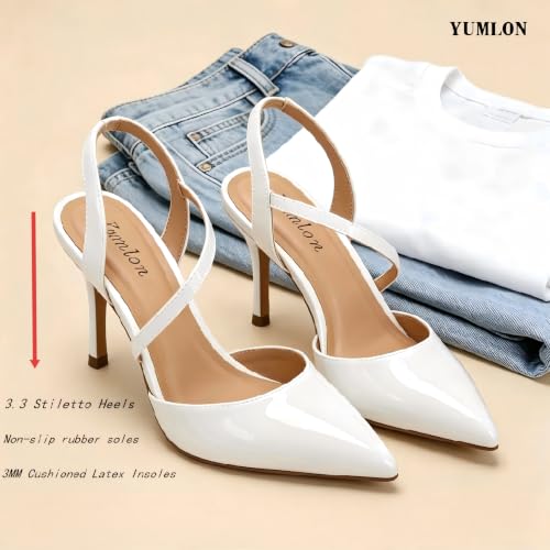 Image of Closed Toe Slingback Heels Wedding High Stiletto Heel for Women 3.3 Inch Ankle Strap Pointed Toe Pumps Prom Dress Bride Shoes for Dinner Party Sexy