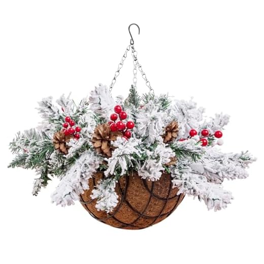 Ciaell Cesta de Natal artificial de 56 cm - Cesta suspensa de Natal flocada na neve - Cesta suspensa de Natal com luzes solares e bagas de pinho para decoração de Natal ao ar livre