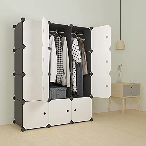 JKWAY DIY 12 Cube Storage Organizer with Doors, Portable Closet Wardrobe 14"x18" Depth 12 Cubes Clothes Organizer, Storage Cabinet Book Shelf for Bedroom, Living Room, Office, Dorm Room (Black/White)