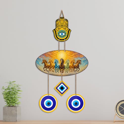 Image of Artvibes Premium Seven Running Horses Evil Eye Wall Decor for Home Entrance | Lucky Vastu Wall Hanging for Success Prosperity Wealth and Positive Energy | Living Room | Office | Gift Item (WH 85133N)