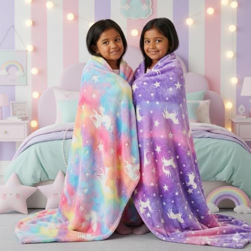 Image of TONY STARK Big Size Unicorn Glow in The Dark Blanket for Kids, 0-15 Years |200x152 Cm| Soft Flannel Fleece Throw, Cozy & Warm All-Season Radium Blanket (Mixed Unicorn & Purple Star)