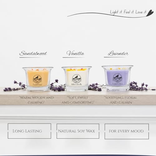 Image of Scented Candle Set - Sandalwood, Vanilla & Lavender Fragrances | Long Lasting Aromatherapy Candles | Relaxation & Home Decor | Pack of 3 | Upto 12 Hours Burn time | 104 gm Each
