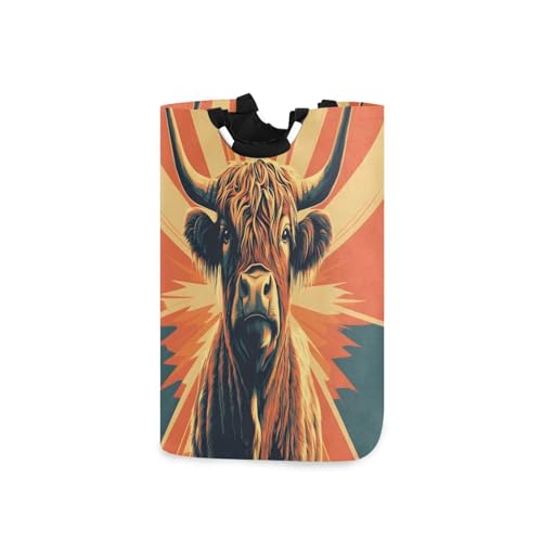 Jihqo Laundry Hamper Basket Retro Highland Cattle Collapsible Nursery Storage Bin Waterproof Clothing Baskets for Home Bedroom Bathroom Washing Room