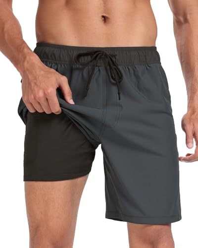 Image of Mens Swim Trunks with Compression Liner 2 in 1 Quick Dry Swimming Shorts Swimwear Bathing Suits with Pockets