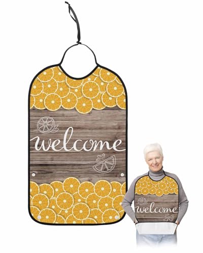 LEOKOTI Welcome Summer Lemon Adult Bibs for Eating, Waterproof Bibs with Food Catcher & Adjustable Snap Closure, Vintage Wooden Washable Clothing Protectors Adult Bibs for Elderly Women/Men