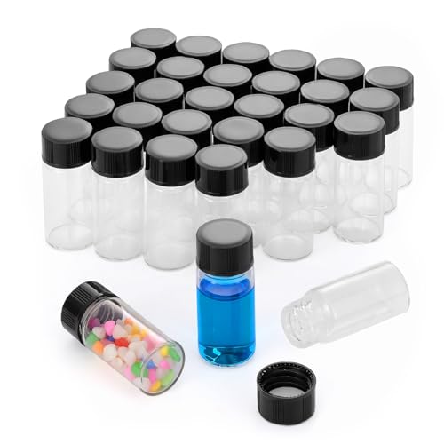 Njvial 30pcs 5mL(1/6 oz) Small Glass Vials with Screw On Lids, Leak Proof Lightweight Clear Bottles for Refillable Perfume Essential Oil Sample Lab DIY Craft Containers