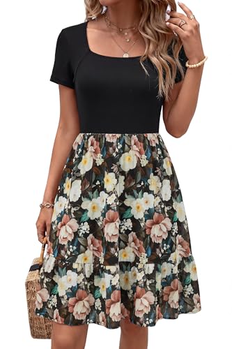 Image of Newshows Women's 2026 Summer Casual Square Neck Ruffle A Line Beach Vacation Sundress Work Business Dress with Pockets