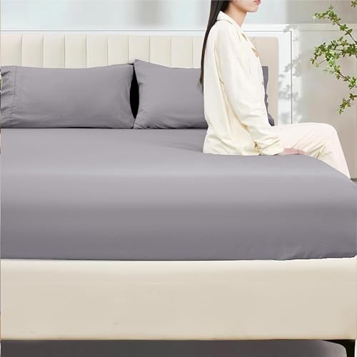 Drap-housse 100% coton gris pour lit double bonnet 30 cm
