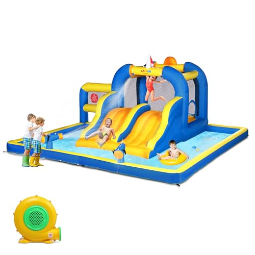 HOBBYZOO Château Gonflable pour Enfants avec Souffleur, Aire de Jeux Gonflable avec Double Toboggan, Zone De Saut, Pistolet À Eau, Cible, Charge Maximale 150 kg, 470x472x225 cm