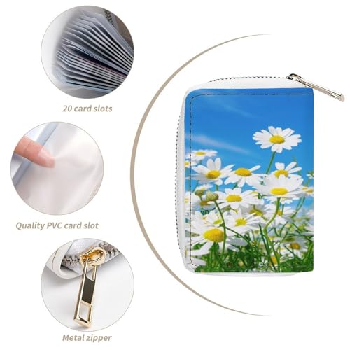 Women Leather Coin wallet, Key Change Organizer Zipper Card Holder Purse Clutch Pouch Pocket 4.5x3.15 in Print White Daisy Flowers Green Leaves Blue Style Good Weather4