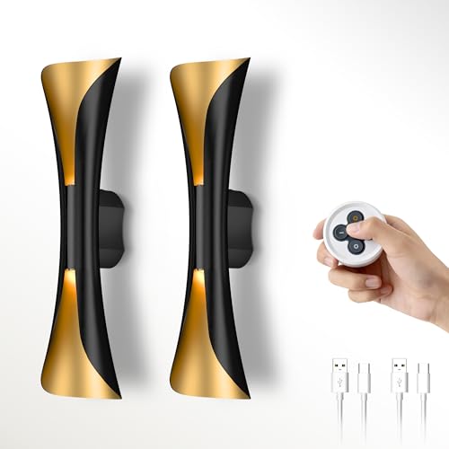 Image of Tubicen Battery Wall Sconce Set of Two with Remote Art Deco Cordless Sconce | 3-Color Dimmable Movie Theater Lights 9000mAh Rechargeable Up Down Accent Wall Light for Living Room Bedroom Black and Gold