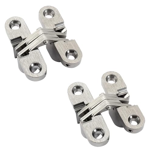 Rierdge 43.5 mm Hidden Hinge, Stainless Steel 180 Degree Invisible Cross Hinges for Kitchen Cabinet Door, Frameless Concealed Hinge with Screws, 2pcs