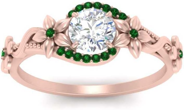Choose Your Gemstone Round Floral Halo Diamond CZ Ring Rose Gold Plated Round Shape Halo Engagement Rings Everyday Jewelry Wedding Jewelry Handmade Gifts for Wife US Size 4 to 12