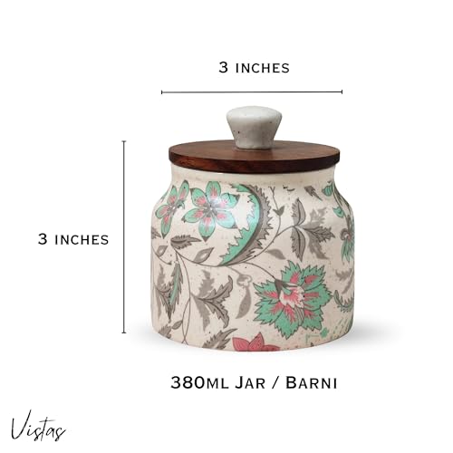 Image of Vistas 'Vintage Pastel' Airtight 380ml Set of 3 Ceramic Jar for Kitchen Storage | Handcrafted Ceramic Barni with Wooden Lid | Multipurpose Pickle, Spice & Salt Container