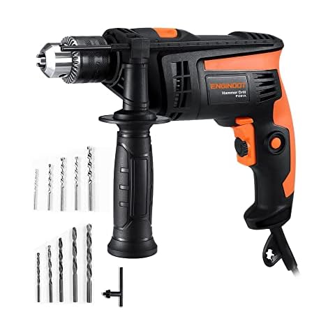 Hammer Drill, ENGiNDOT 1/2-Inch 6-AMP Corded Electric Hammer Drill with 6.5-ft Cord, 710W/2800RPM, Variable Speed, Drill Chuck, 10 Drill Bits for Home Improvement, DIY, Concrete, Steel, Wood Cover