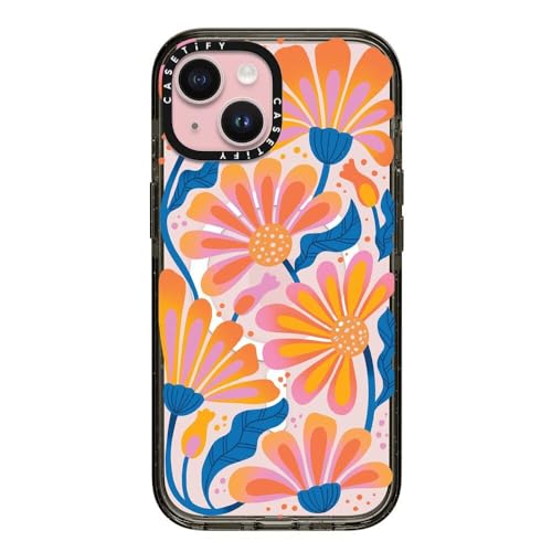 Coque iPhone 15 antichoc noire fleurie marguerite compatible MagSafe