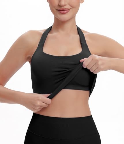 Comper Halter Workout Tops for Women Longline Strappy Tops with Built in Bra Backless Sports Workout Top with Removable Paded Black - image 7